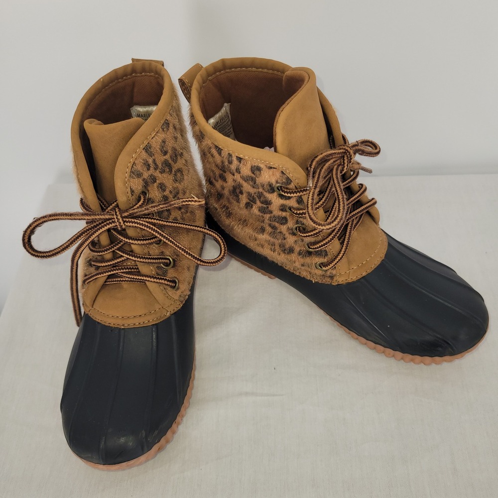 MarleyLilly Leopard Print‎ Duck Boots - Lace Up Ankle Rain Boots
